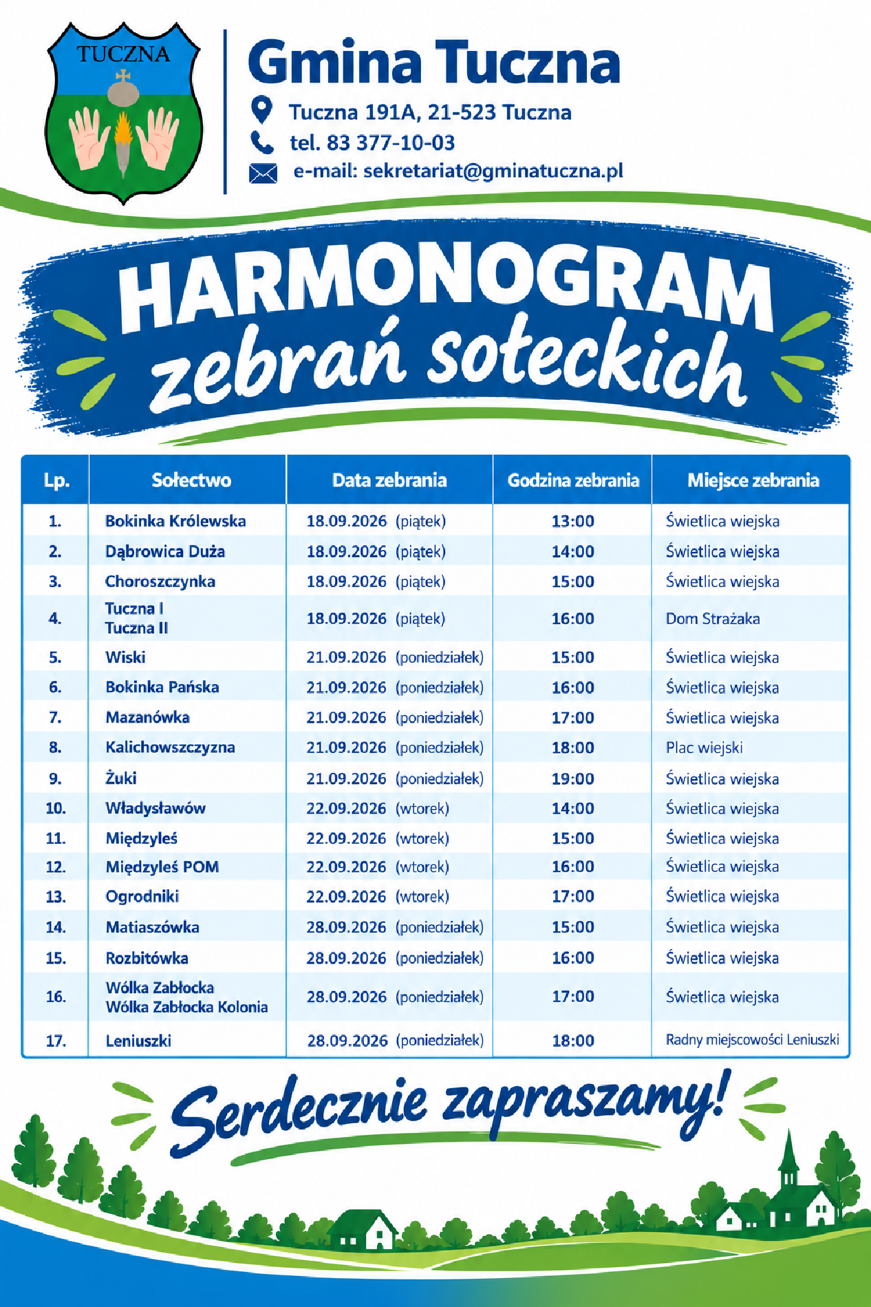 Plakat harmonogramu zebrań sołeckich; terminy, godziny i miejsca podano w tabeli poniżej.