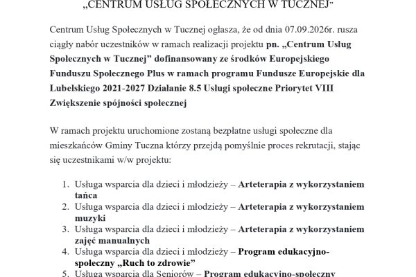 Plakat naboru do projektu Centrum Usług Społecznych w Tucznej; informacje i wykaz usług znajdują się w treści wpisu.