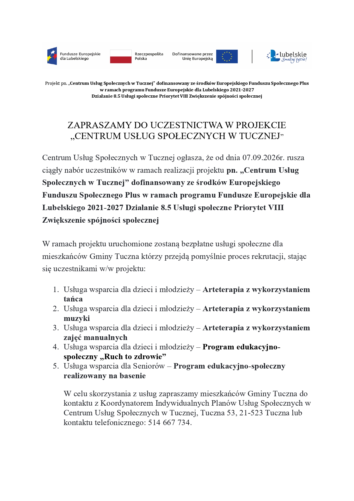 Plakat naboru do projektu Centrum Usług Społecznych w Tucznej; informacje i wykaz usług znajdują się w treści wpisu.