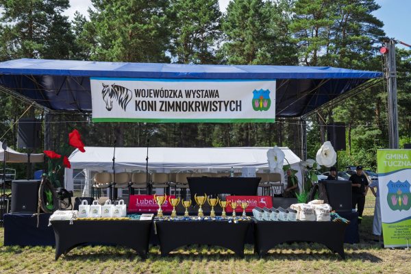 Scena z banerem Wojewódzkiej Wystawy Koni Zimnokrwistych i stołem nagród.