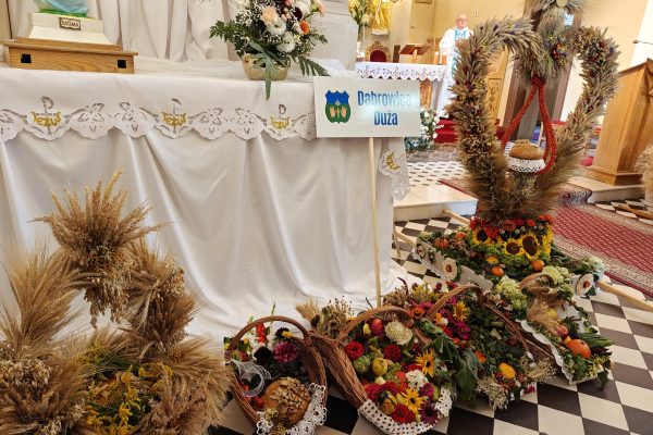 Wieńce dożynkowe i kosze z plonami przy ołtarzu.