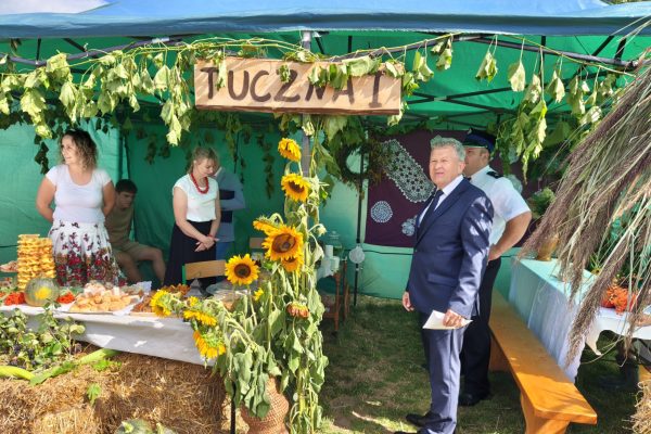 Uczestnicy dożynek przy stoisku z potrawami i dekoracjami z plonów.