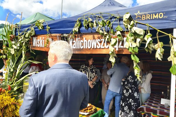 Uczestnicy dożynek przy stoisku z potrawami i dekoracjami z plonów.