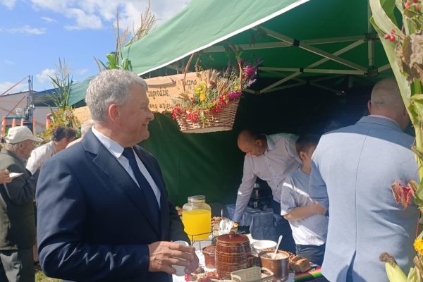 Uczestnicy dożynek przy stoisku z potrawami i dekoracjami z plonów.