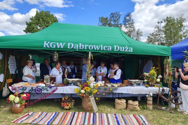 Uczestnicy dożynek przy stoisku z potrawami i dekoracjami z plonów.