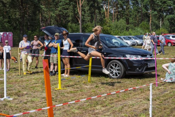 Dzieci pokonujące niskie przeszkody na trawiastym placu wystawy koni.